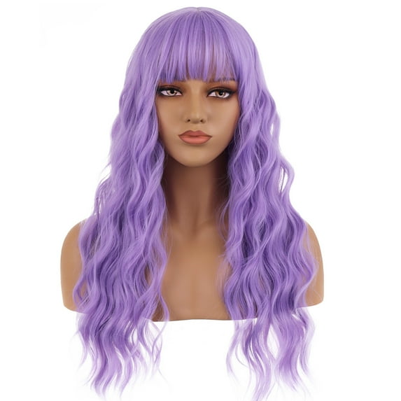 RightOn 23" Purple Wig Long Curly Purple Wig with Bangs Purple Wig for Women Girls Lavender Purple Wigs Synthetic Wig with Wig Cap