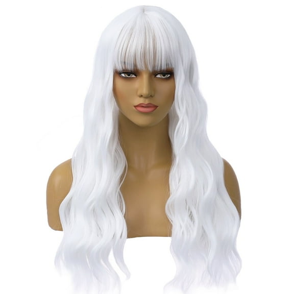 RightOn White Wig Long Curly Wigs with Bangs Synthetic White Wigs for Halloween Christmas with Hairnet