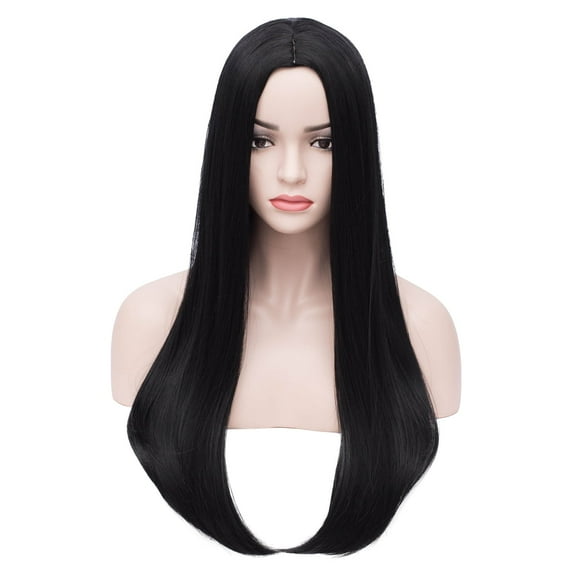 RightOn 25" Black Wig Long Straight Wig Women Black Wig with Wig Cap