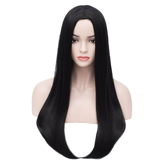 RightOn 25" Black Wig Long Straight Wig Women Black Wig with Wig Cap