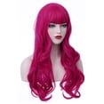 thumbnail image 1 of RightOn 26" Hot Pink Wig Long Wavy Wig with Bangs Women Girls Synthetic Wig Long Wig Rose Red Wigs with Wig Cap, 1 of 7