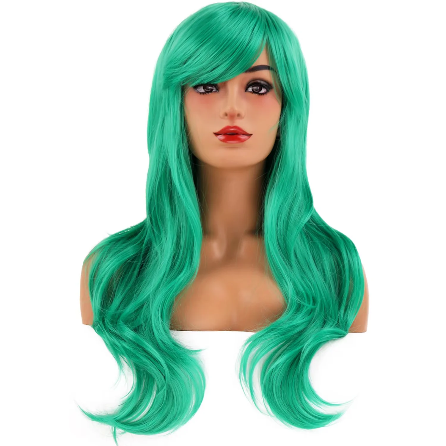 RightOn 26 Inches Dark Green Wig With Bangs Long Wavy Wig for Women Daily Use