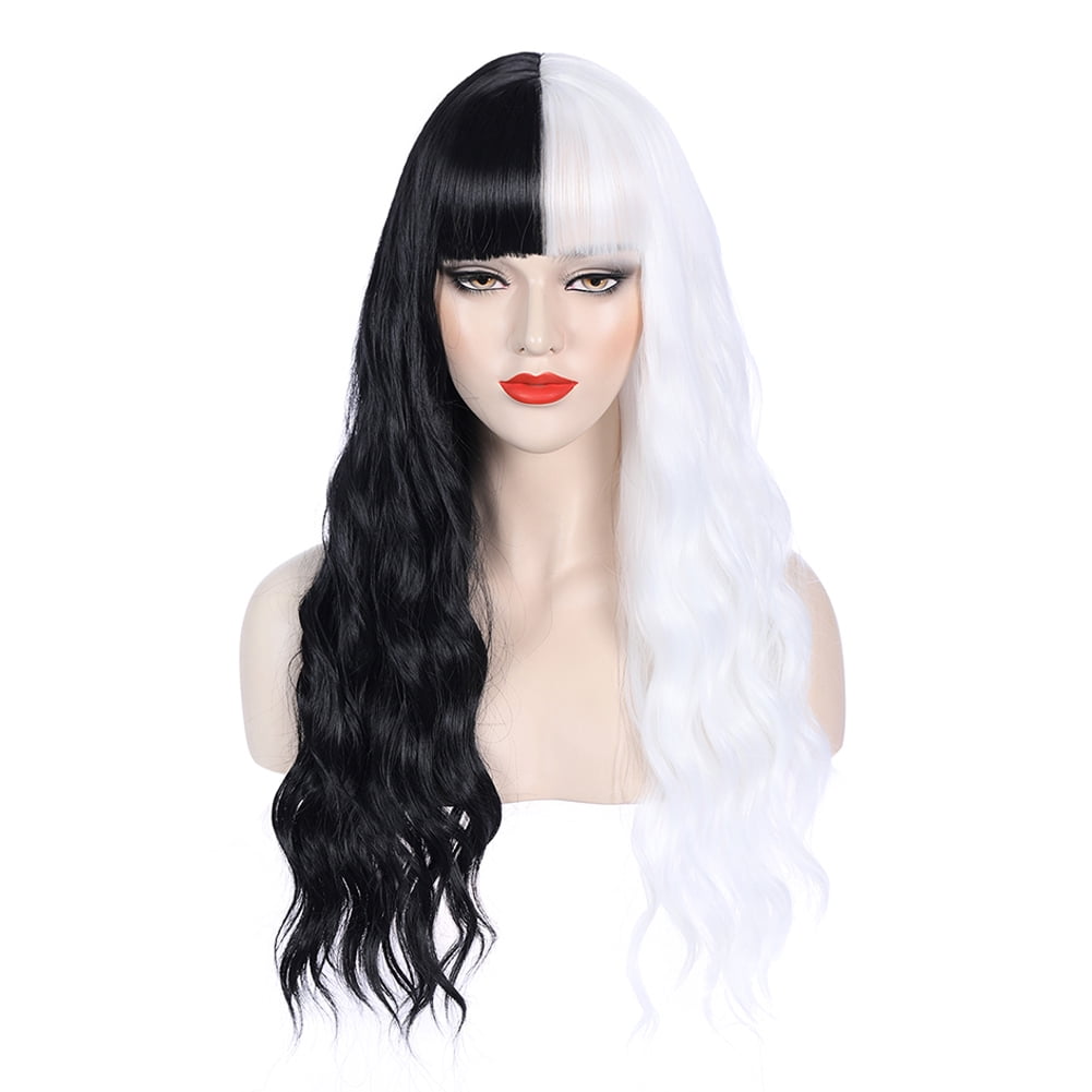RightOn 27" Black and White Wig Long Curly Wig with Bangs Black and White Wig Two Tone Wig Women Girls Synthetic Wig with Wig Cap