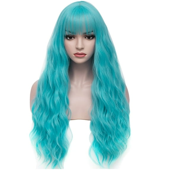 RightOn 27" Blue Wig Long Curly Wig with Bangs Sky Blue Wig for Women Synthetic Hair Cosplay Costume Wig with Hairnet