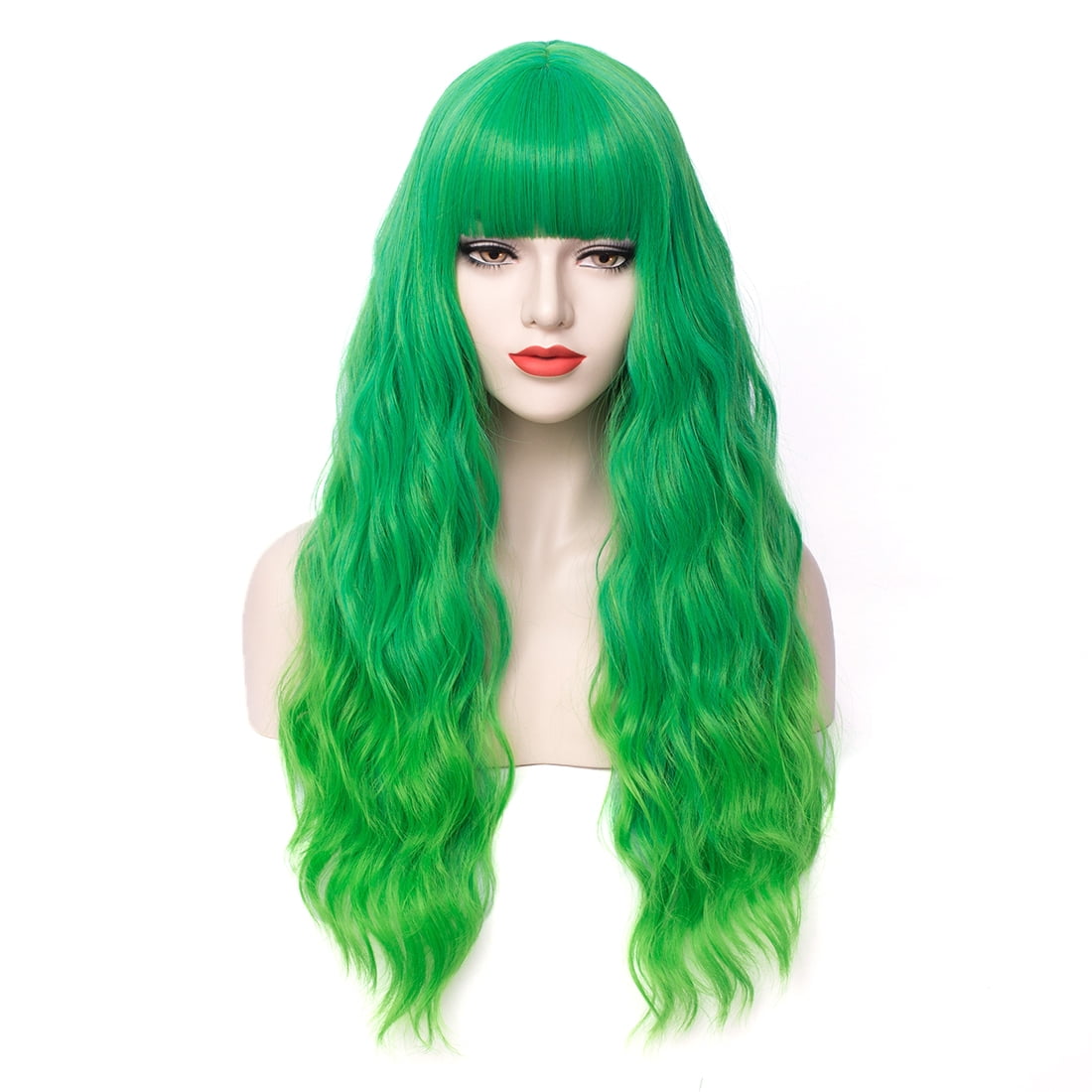 RightOn 27" Green Wig Long Curly Green Wig with Bangs Women Girls Wavy Synthetic Wig with Wefted Wig Cap