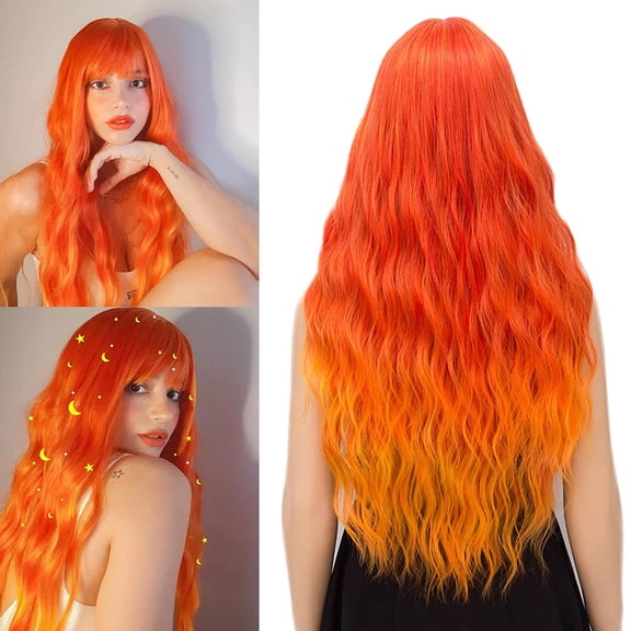 RightOn 27" Ombre Orange Wig flame Wig Fire Wig Long Curly Orange Wig with Bangs Women Girls Synthetic Wig Flame Hair Wig with Wig Cap