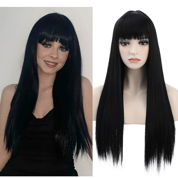 RightOn 28" Black Wigs Straight Long Hair Wigs with Bangs Women Fashion Heat Resistant Synthetic Natural Looking Wig for Cosplay Party or Daily Use