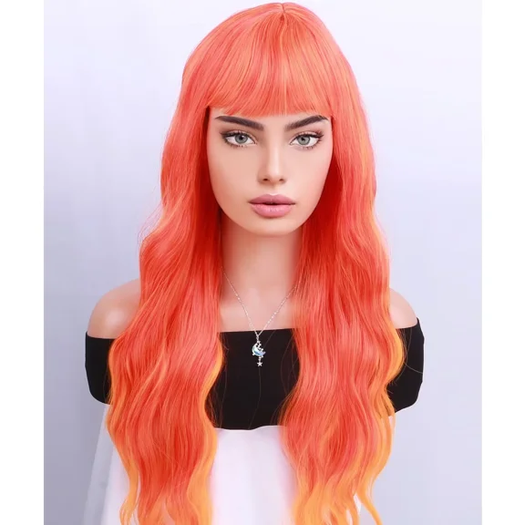 RightOn 28 Inches Mixed Orange Wig With Bangs Wig for Women Daily Use