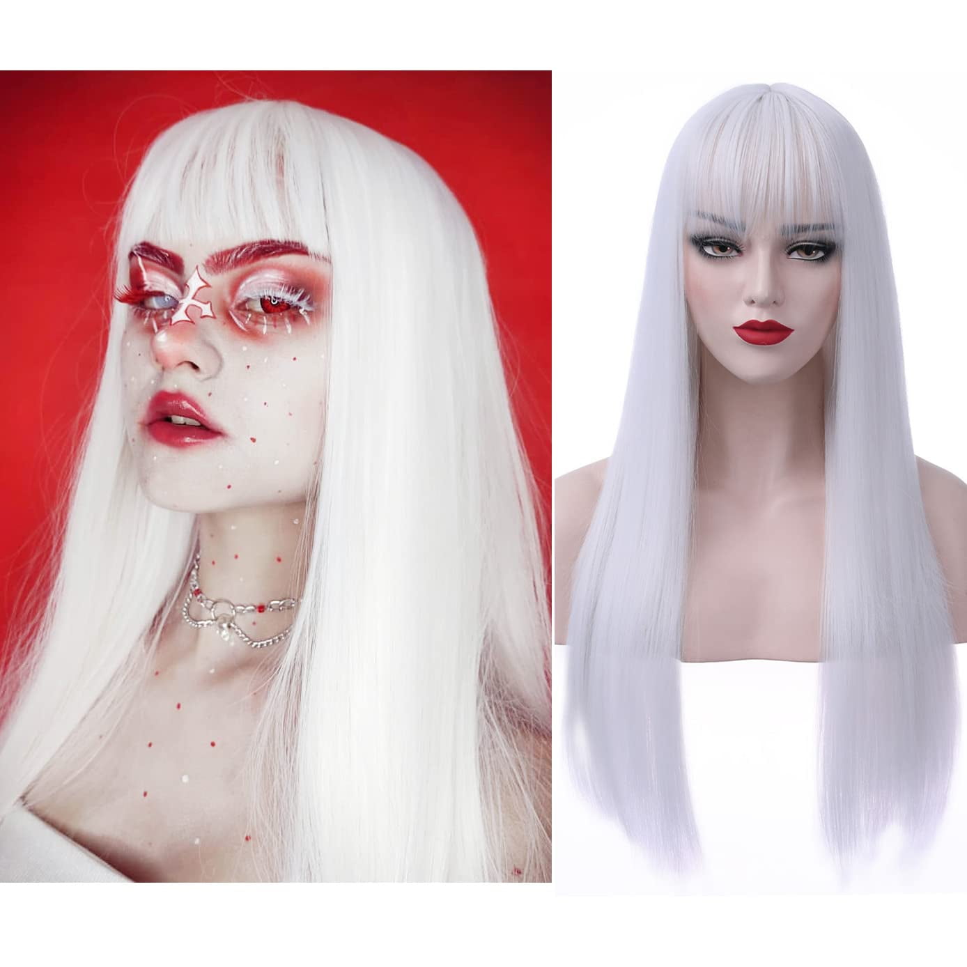 RightOn 28 White Wigs Straight Long Hair Wigs with Bangs Women Fashion Heat Resistant Synthetic Natural Looking Wig for Cosplay Party or Daily Use with Wig Cap Walmart