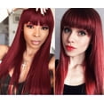 thumbnail image 1 of RightOn 28" Wine Red Wigs Straight Long Hair Wigs with Bangs Women Fashion Heat Resistant Synthetic Natural Looking Wig with Wig Cap, 1 of 6