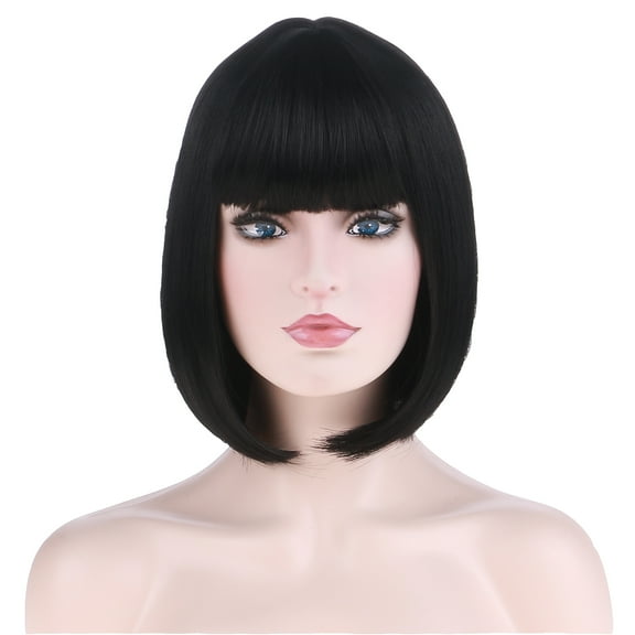 RightOn Black Bob Wigs for Women Short Black Hair Wig with Bangs Black Straight Bob Wig Synthetic Wigs with Wig Cap