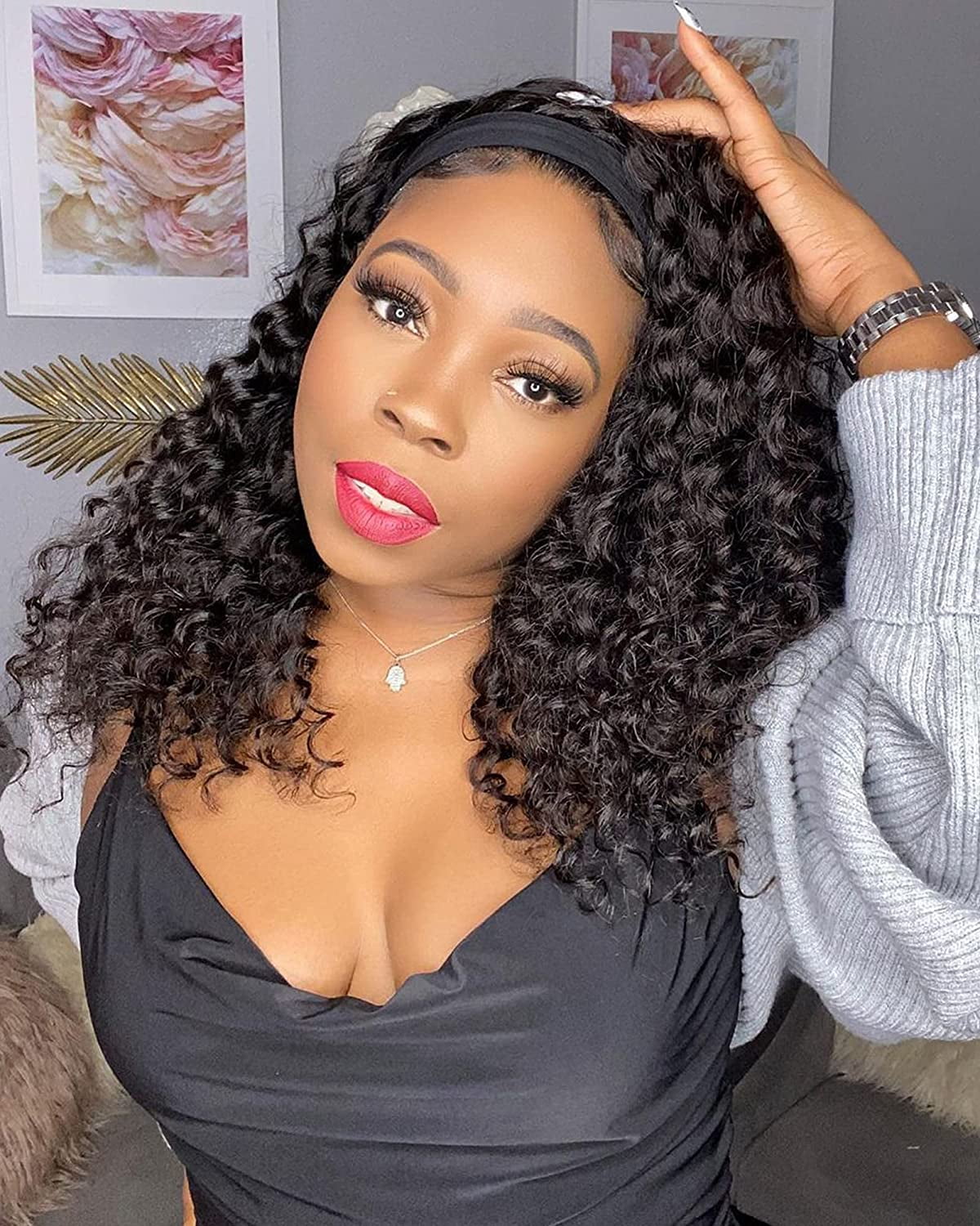 RightOn Black Wig Headband Wigs for Black Women Synthetic Heat Resistant Wigs With Wig Cap(16 inche)