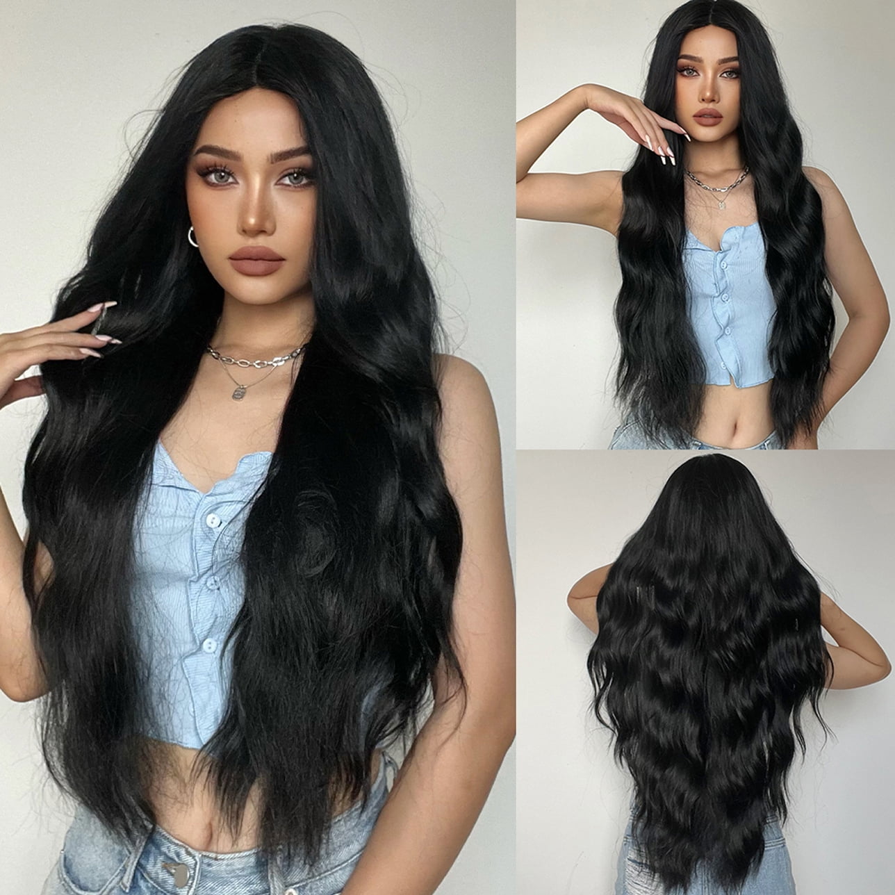 RightOn Black Wigs Long Wavy Wig for Women Curly Heat Resistant Hair Wigs 28" Cosplay Party with Wig Cap