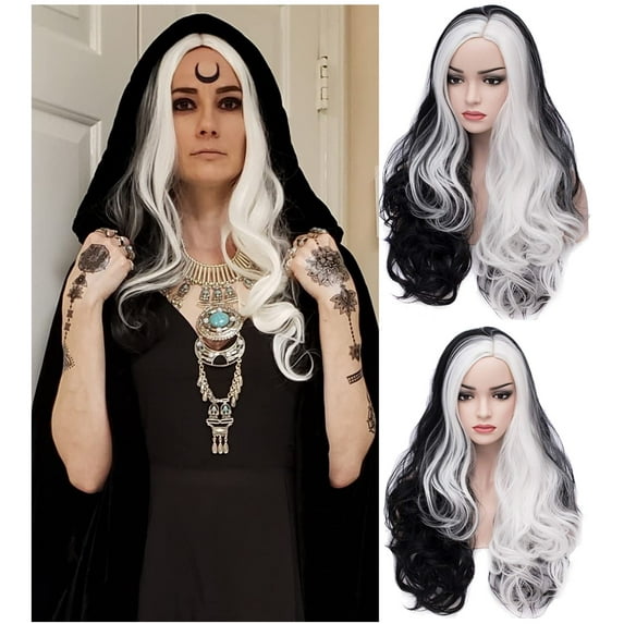 RightOn Black and White Wig Black White Split Wig Long Curly Wig Women Charming Full Wig Long Wavy Wig for Cosplay Party Wig Cap Included