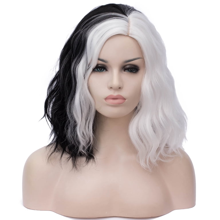 RightOn Black and White Wig Short Curly Wavy Wig Half Black  display picture 1
