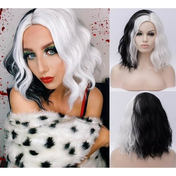 RightOn Black and White Wig for Short Curly Wavy Wig Half Black and Half White Wig for Women Synthetic Hair Wigs with Wig Cap