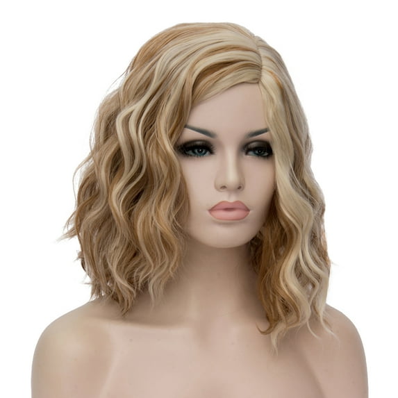 RightOn Blonde Brown Wig Short Curly Wavy Bob Wig Blonde Wig for Women Blonde Mix Brown Wig with Wig Cap