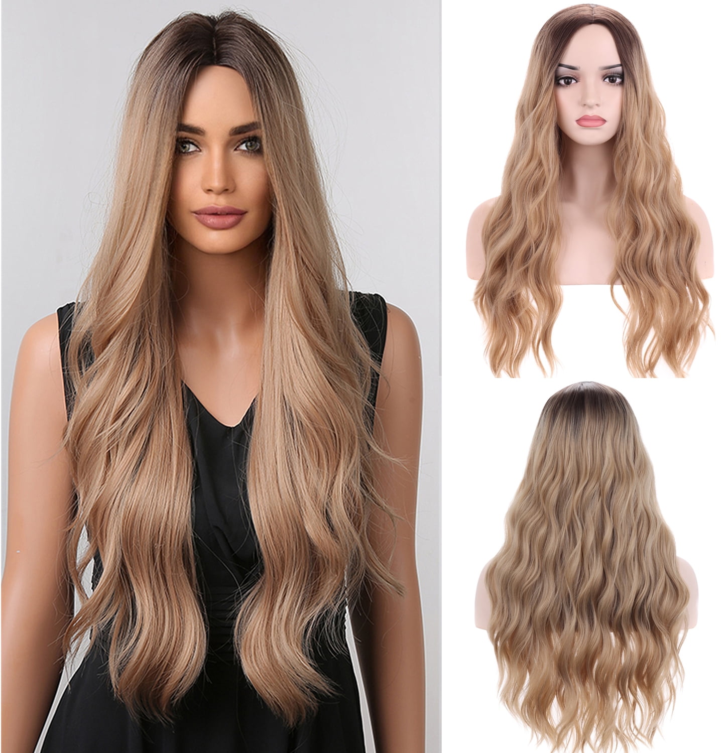RightOn Blonde Wig Long Wavy Blonde Wigs for Women Ombre Blonde Wig Heat Resistant Hair Wigs Cosplay Party with Wig Cap
