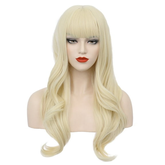 RightOn Blonde Wig Long Wavy Wig with Bangs Women Synthetic Wig Long Wig Light Blonde Wigs for Cosplay Costume Party with Hairnet