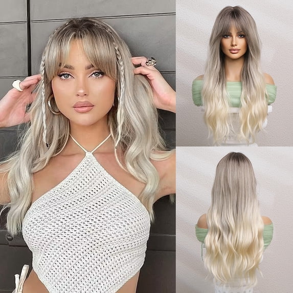 RightOn Blonde Wig for Women Long Curly Wavy Ombre Blonde Wig with Bangs Gray Blonde Hair Wigs Synthetic Heat Resistant 26 Inches Wig with Wig Cap (Ombre Blonde)