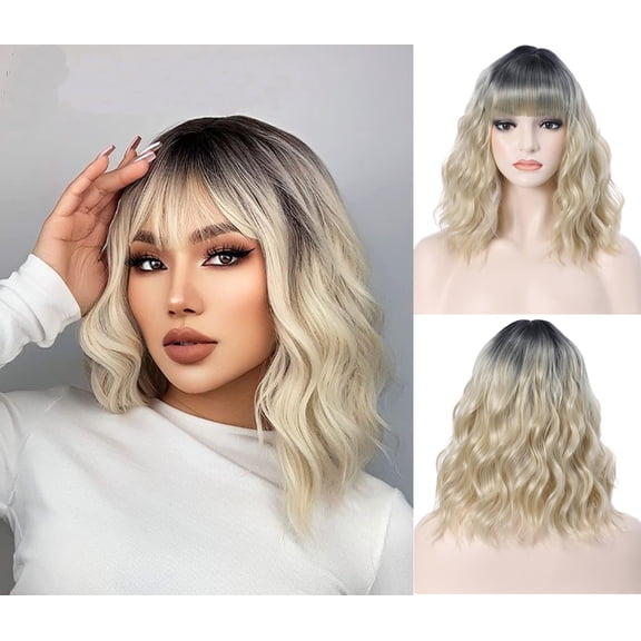 RightOn Blonde Wig for Women Short Curly Wig Black Blonde Ombre Wig with Bangs Synthetic Wigs Ombre Blonde Wig with Wig Cap
