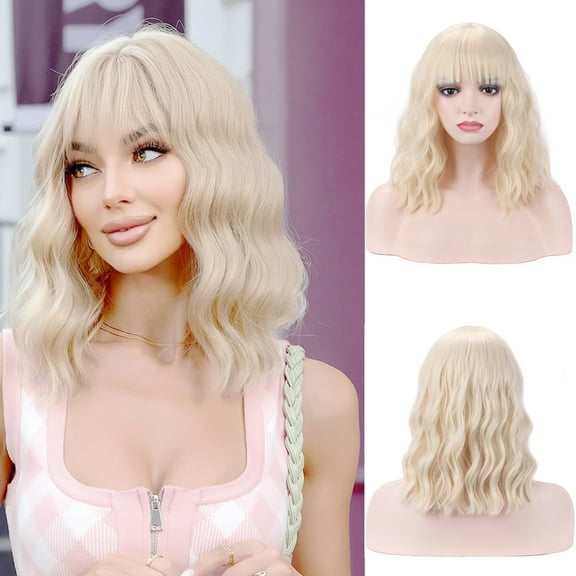 RightOn Blonde Wig for Women Short Curly Wig Blonde Wig with Bangs Light Blonde Wig Synthetic Wigs with Wig Cap