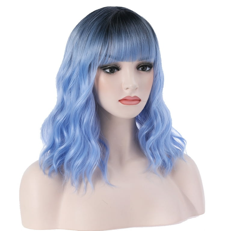 RightOn Blue Wig for Women Black Blue Ombre Wig with Bangs Short