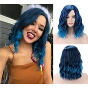 RightOn Blue Wig for Women Mix Blue Wig Short Curly Wavy Bob Wig Blue Ombre Wigs Charming Beach Wave Hair Wigs with Wig Cap