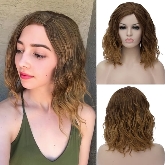RightOn Brown Wig Short Curly Wavy Bob Wig Brown Wig for Women Dark Brown to Light Brown Wig Brown Hair Wigs with Wig Cap