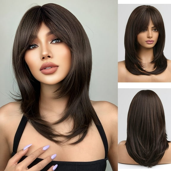 RightOn Dark Brown Wigs for Women Black Brown Wigs with Bangs Shoulder-Length Layered Synthetic Wigs with Wig Cap