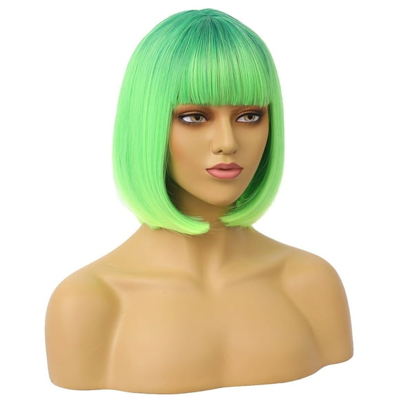 RightOn Green Bob Wig Short Ombre Green Wig Lime Green Bob Wigs with Bangs for Women Heat Resistant Synthetic Bob Wigs