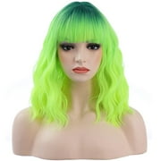 RightOn Green Wig Neno Green Wig for Women Short Curly Wig Green Wig with Bangs Ombre Green Wig Lime Green Synthetic Wigs with Wig Cap