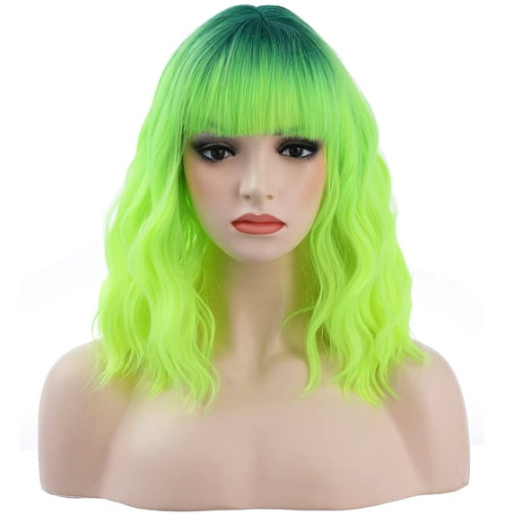RightOn Green Wig Neno Green Wig for Women Short Curly Wig Green Wig with Bangs Ombre Green Wig Lime Green Synthetic Wigs with Wig Cap