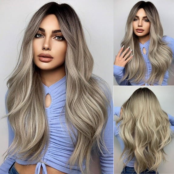 RightOn Grey Blonde Wigs for Women Long Ombre Blonde Wigs Long Wavy Curly Gray Blonde Wig with Dark Roots Cool Blonde Wigs Synthetic Heat Resistant Wig (Grey Blonde)