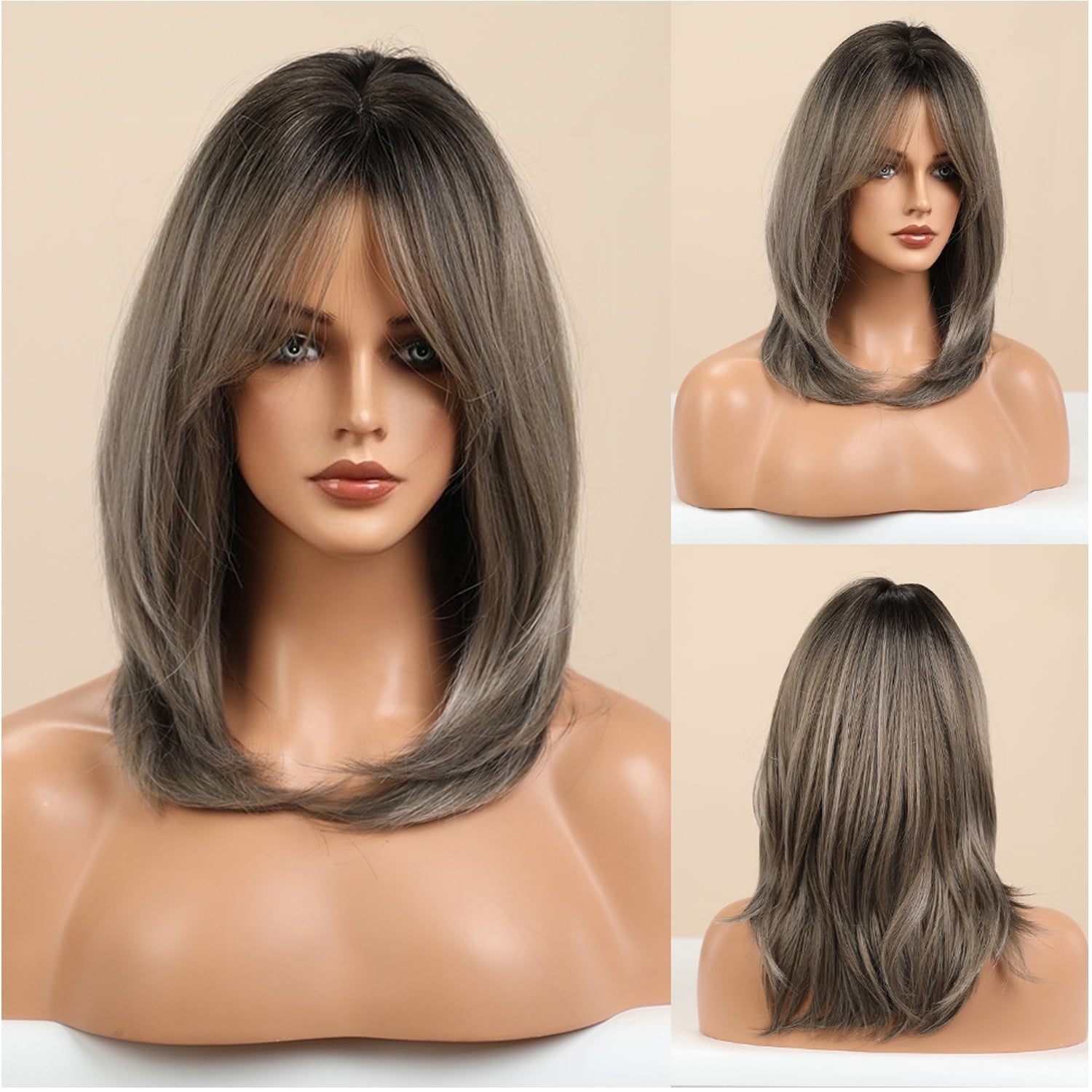 RightOn Grey Brown Wigs for Women Ombre Grey Brown Wigs Long Straight Brown Hair Wig with Bangs Layered Brown Natural Synthetic Wig with Wig Cap