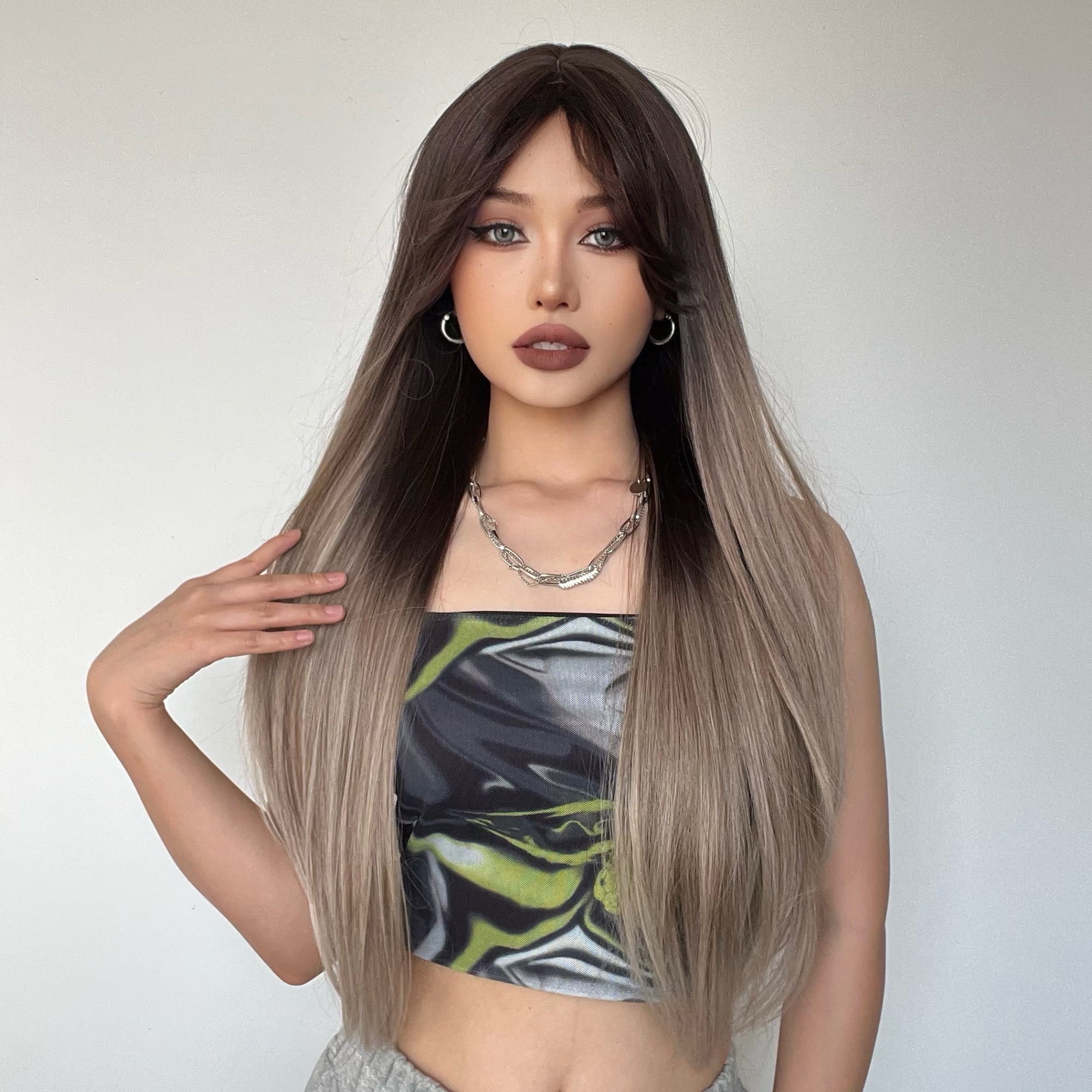 RightOn Grey Wigs Long Straight Grey Wigs for Women Ombre Grey Wigs with Bangs Grey Wigs with Dark Roots Synthetic Wig with Wig Cap