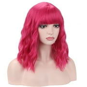RightOn Hot Pink Wig for Women Short Curly Wig Hot Pink Wig with Bangs Rose Red Wig Synthetic Wigs with Wig Cap