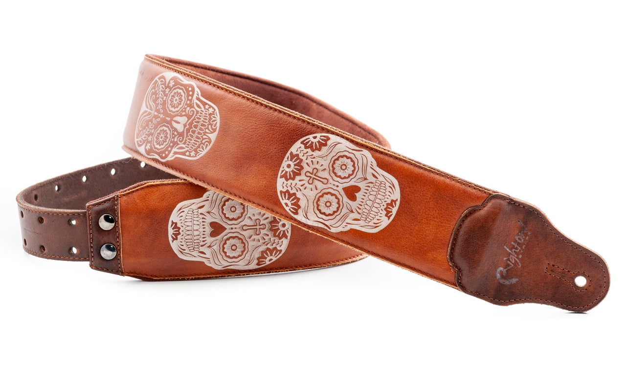 RightOn! Leathercraft Sugar Skulls Guitar Strap – Woody Brown