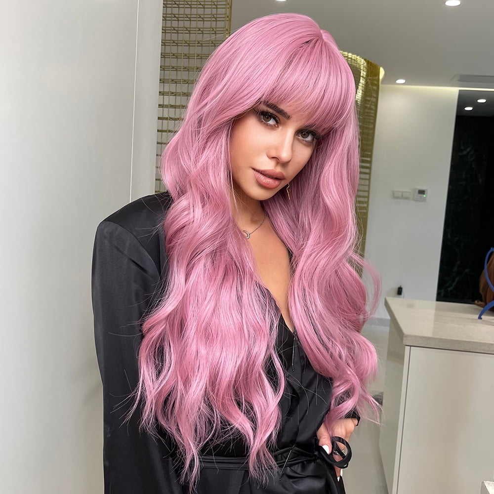 RightOn Long Pink Wig for Women Long Curly Wavy Pink Wig with Bangs Natural Synthetic Hair Long Wigs with Wig Cap (Pink)
