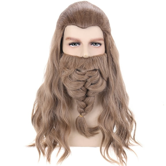 RightOn Mens Long Wavy Golden Brown Cosplay Wig with Braid for Costume Party Wig Use (Brown Golden))