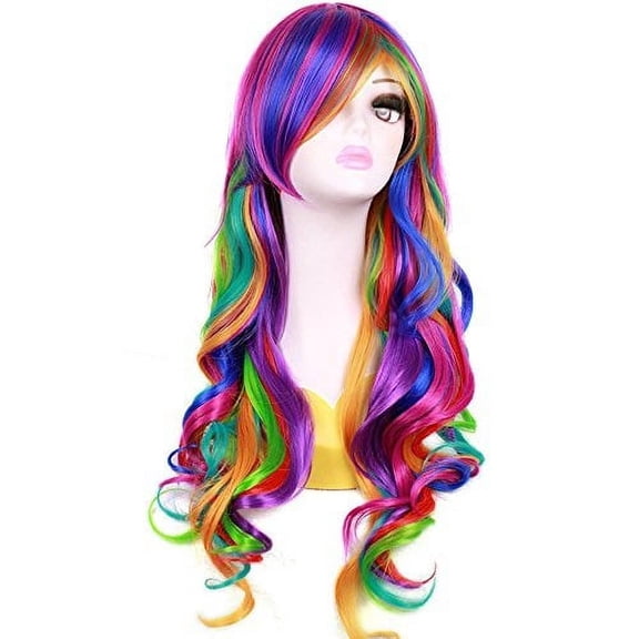 RightOn New Fashion Synthetic Women Girls Sexy Long Wavy Rainbow Multi Colorful Wig with Free Wig Cap