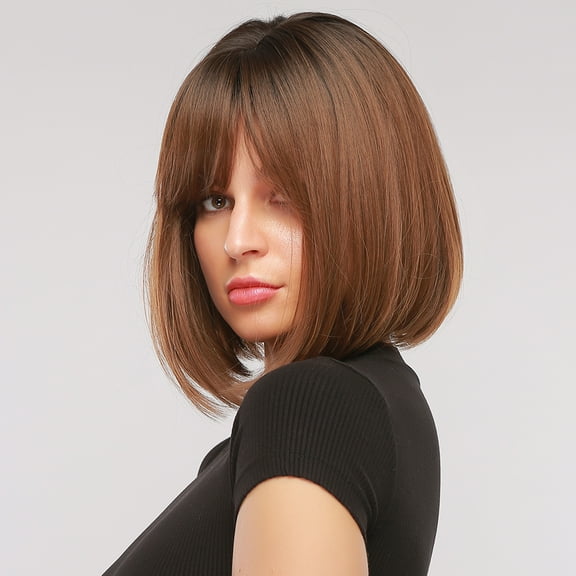 RightOn Ombre Brown Bob Wigs for Women Short Brown Wigs with Bangs Brown Wig with Dark Roots Straight Bob Wig Synthetic Wigs with Wig Cap