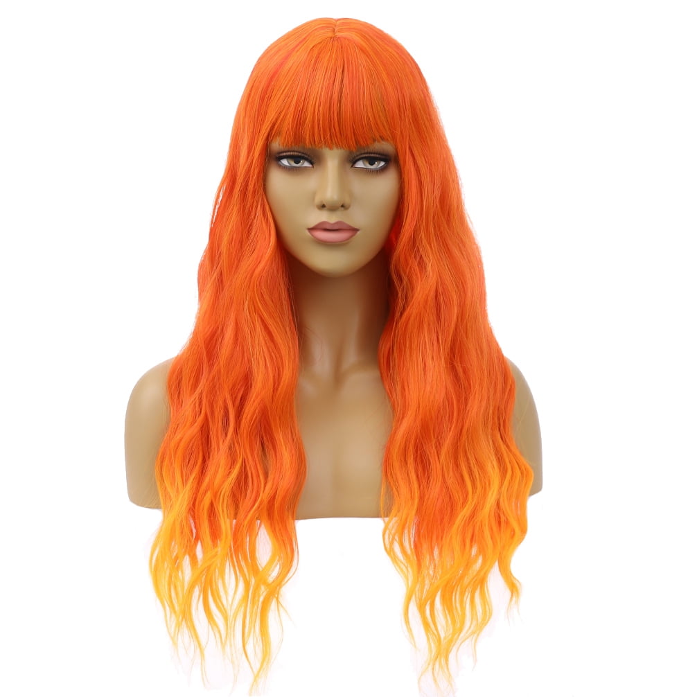 RightOn Orange Wig Long Wavy Curly Wig Flame Fire Wig Orange Wig with Bangs Orange Ombre Wig for Women Girls Synthetic Wigs with Wig Cap