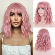 RightOn Pink Wig Short Curly Wavy Wig Pink Wig with Bangs Pink Wig for Women Synthetic Wigs with Wig Cap