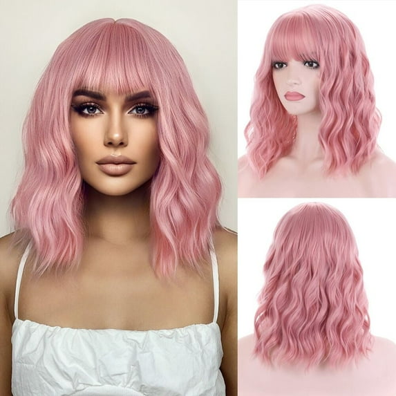 RightOn Pink Wig Short Curly Wavy Wig Pink Wig with Bangs Pink Wig for Women Synthetic Wigs with Wig Cap