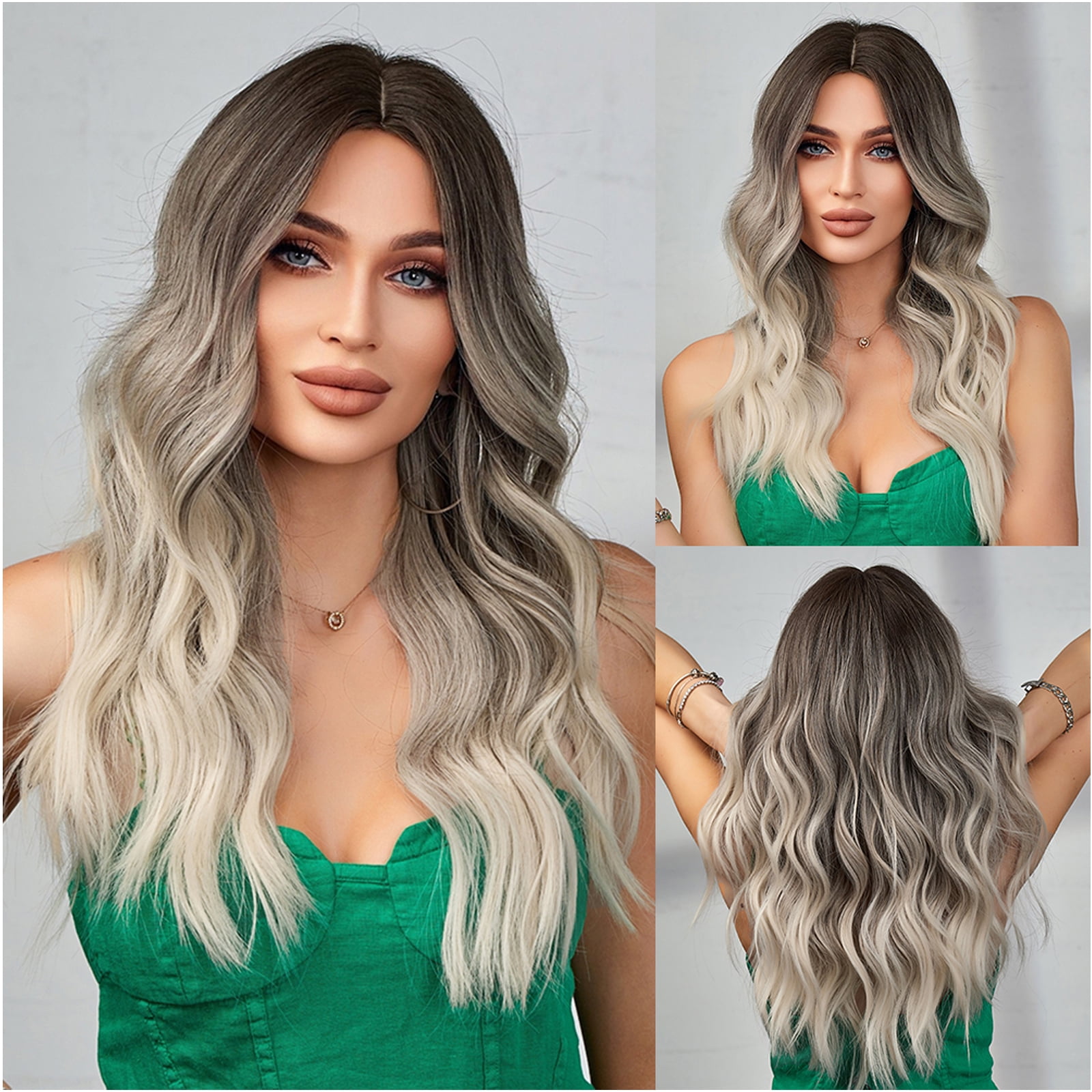 RightOn Platinum Blonde Wigs for Women Long Curly Wavy Ombre Blonde Wigs Brown Blonde Wigs Ash Blonde Wig with Dark Roots Middle Part Synthetic Long Natural Looking Wigs Walmart