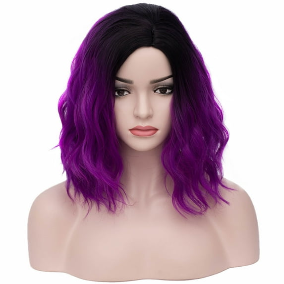 RightOn Purple Wig for Women Short Curly Wavy Bob Wig Black to Purple Hair Wigs Synthetic Wig with Wig Cap