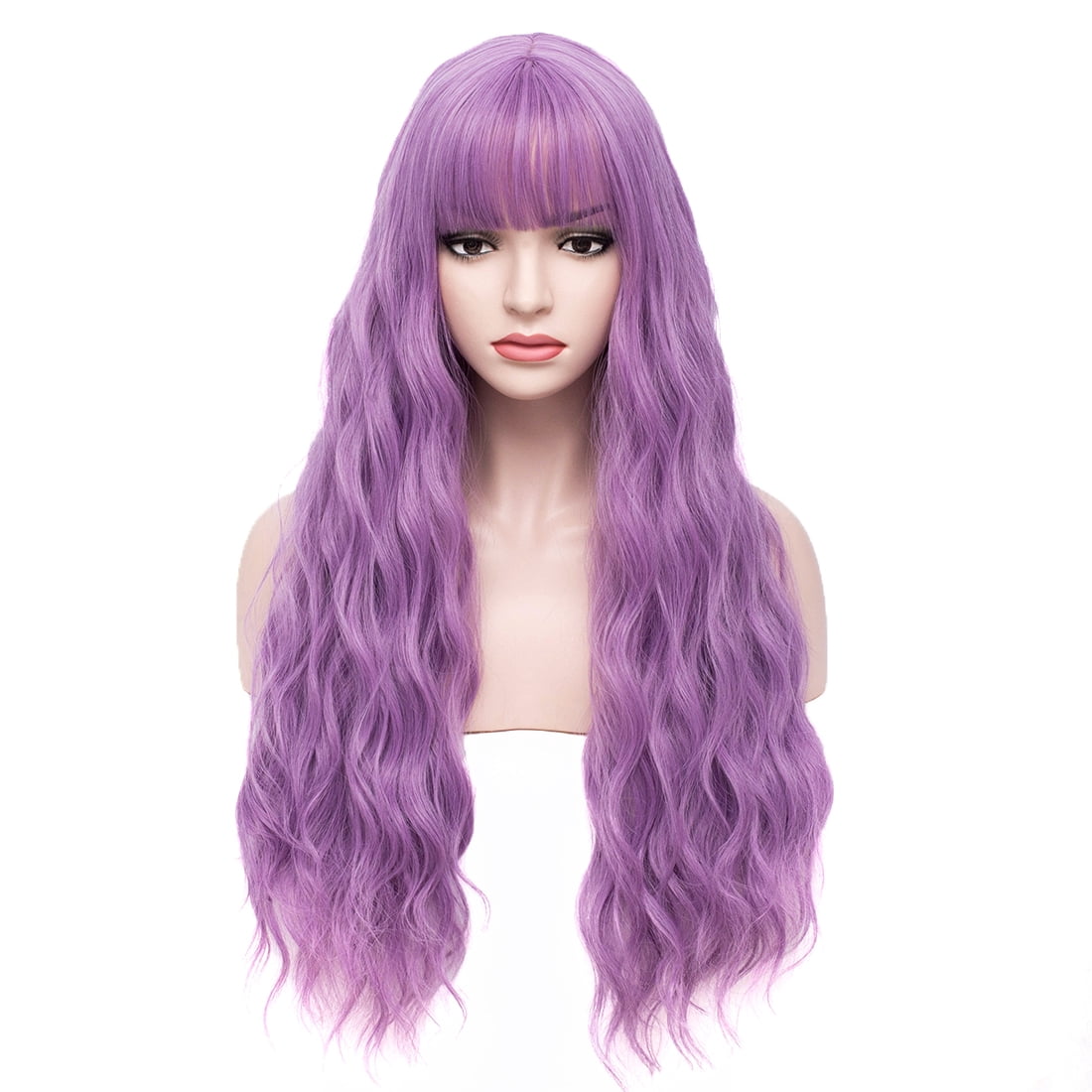 RightOn Purple Wig with Bangs Long Curly Wavy Lavender Purple Wig Purple Wig for Women Synthetic Wig with Wig Cap