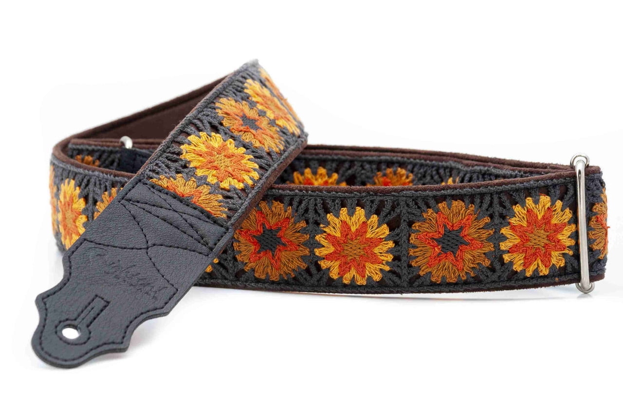 RightOn! Straps Crochet Guitar Strap | Vintage-Inspired Vegan Leather Strap - Brown