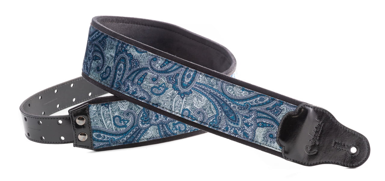 RightOn! Straps Paisley Velvet-70 Wide Genuine Leather Guitar Strap BLUE